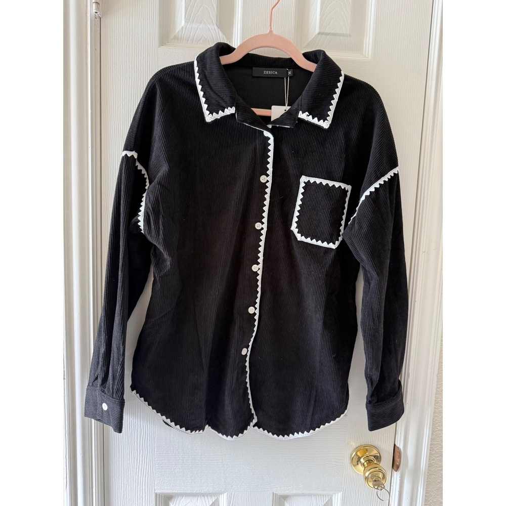 ZESICA Black Corduroy Shacket Contrast‎ Trim Button Shirt Jacket Size M NWT